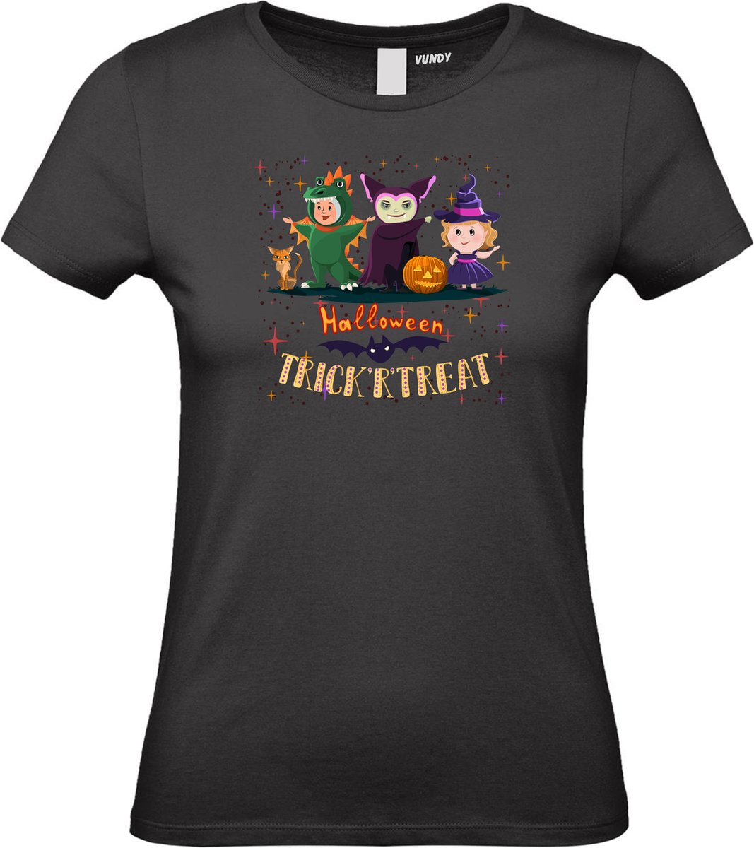 Dames t-shirt Halloween TrickrTreat | Halloween kostuum kind dames heren | verkleedkleren meisje jongen | Zwart | maat XS
